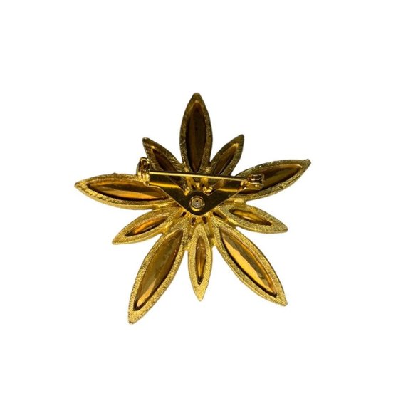 Vintage Goldtone Star Flower Brooch Amber Glass 2" Diameter Pin Retro - Picture 6 of 7